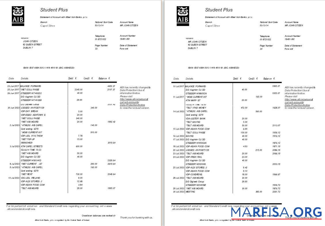 Downloadable Ireland AIB bank statement word 6 pages real example